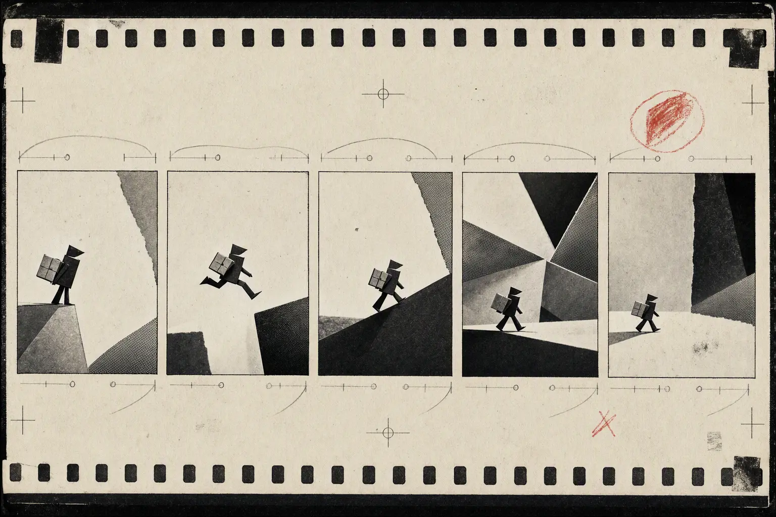 Five-frame monochrome animation proof of a geometric courier crossing a paper stage